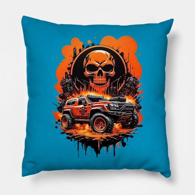 Cybertruck cyberpunk skulls apocalyptic futuristic scifi retro poster Pillow by Neon City Bazaar