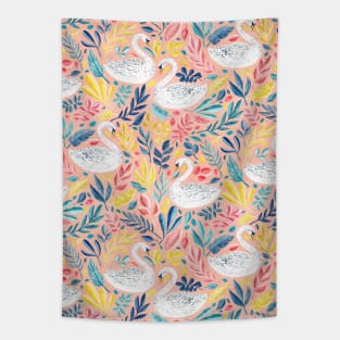 Whimsical White Swans with Lots of Leaves on Peach Pink Tapestry