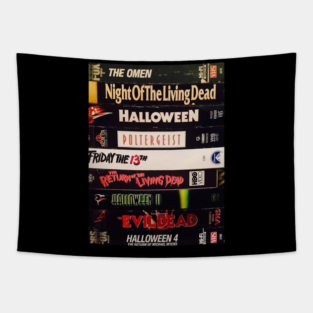 Retro Horror Movies VHS Stacks Tapestry by HipHopTees