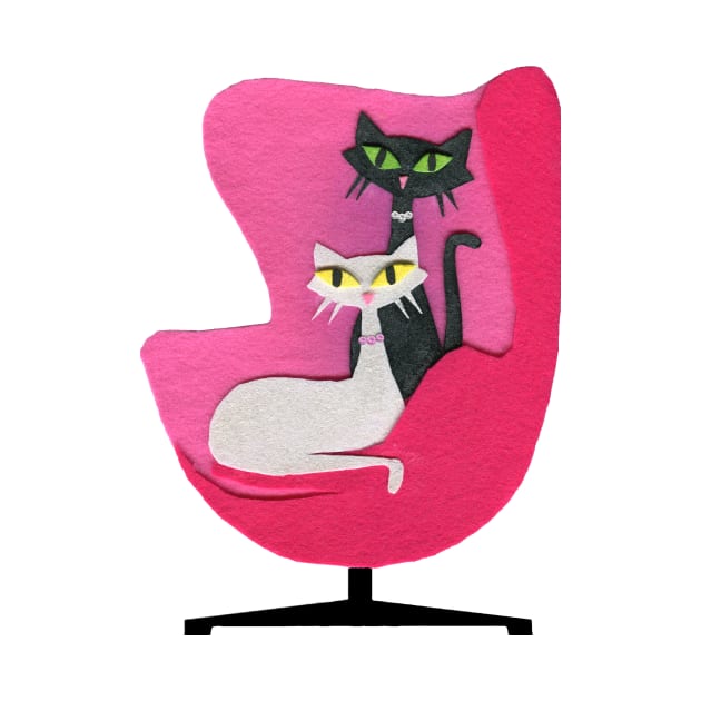 Mid Century Atomic Cats in Pink Chair by DeerSpiritStudio