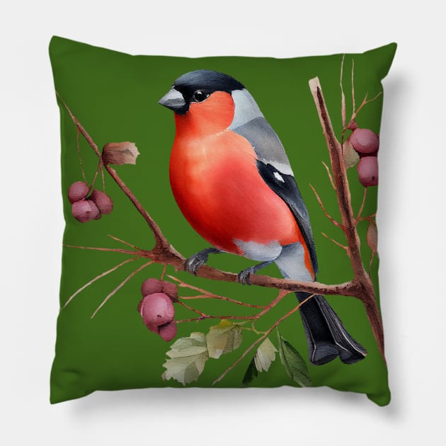 Watercolor Bullfinch on a Twig Pillow by KOTOdesign