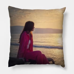 Carefree woman at the beach Pillow