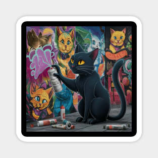 Sleek Black Cat Sprays Graffiti on Wall Magnet