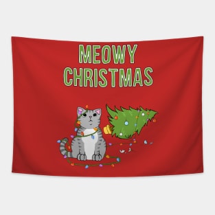 Meowy Christmas Gray Tabby Cat Knocked Over Xmas Tree Tapestry