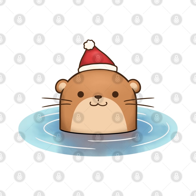 Cute Christmas Otter in Santa Hat Floating by Takeda_Art