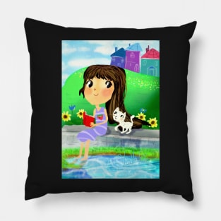 A girl with a kitty reading a book by the river Pillow