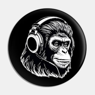 Black White Chimpanzee Headphones Pin