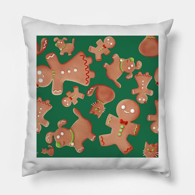 Gingerbread shaped family for Christmas stuff - light green background Pillow by Sgrel-art