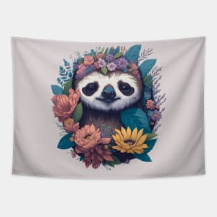 Cute Sloth face peeking out of flowers and foliage with flowers and foliage t-shirts and apparel, stickers, mugs, cases, pillow, water bottle Tapestry