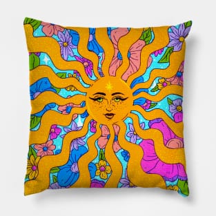 Sunshine State of Mind - Retro Sun and Florals Pillow
