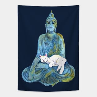 Blue Watercolor Buddha Statue with Sleeping White Cat Tapestry