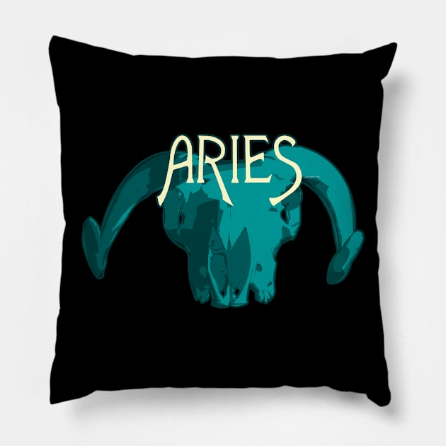 Blue Ram Skull for Aries Astrological Zodiac Sign Pillow by RyanJGillDesigns