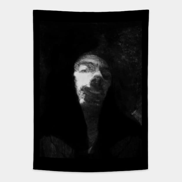 Portrait, digital collage and special processing. Like monk, man, smiling. Head. Weird. Grayscale. Tapestry by 234TeeUser234