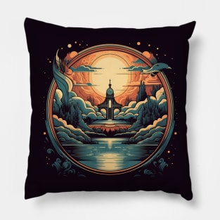 Surreal Dreamscape: Temple by the Lake Pillow