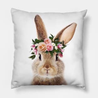 Baby Rabbit, Brown Bunny with Flower Crown, Baby Animals Art Print by Synplus Pillow