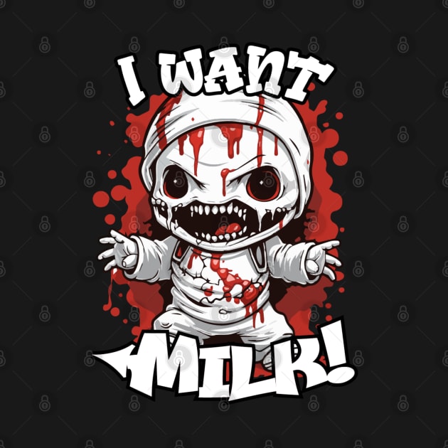 Spooky "I Want Milk" Mummy Cartoon Tee by Skull Riffs & Zombie Threads