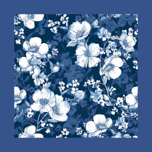 white flowers on deep blue backdrop T-Shirt