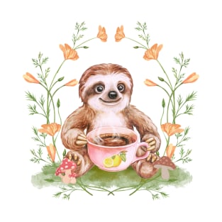 Cute Cottagecore Sloth Drinking Tea T-Shirt