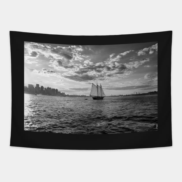 Boston Harbor Sailboat Boston MA Black and White Tapestry by WayneOxfordPh