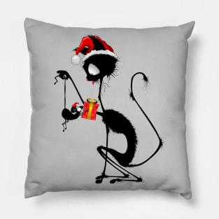 Cat Funny Christmas Santa holding a little Mouse with Gift Pillow