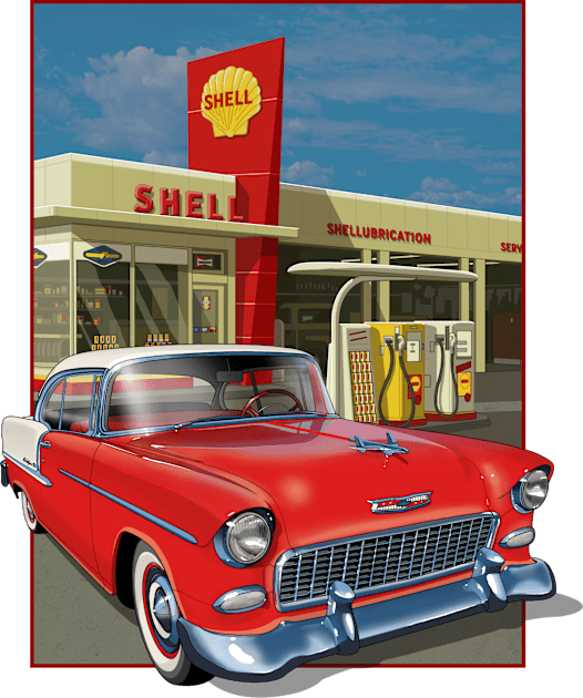 Gas station with 1955 Chevrolet. Kids T-Shirt by candcretro