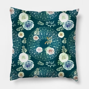 Spring Mandalas and Roses Teal Pillow