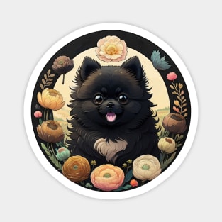 Black Pomeranian Flower Wreath Magnet