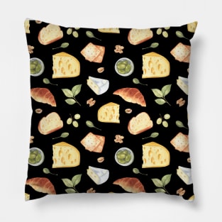 Cheese, bread and snacks - French food - on black Pillow