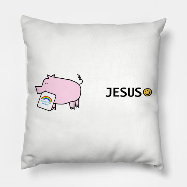 Jesus and Pink Pig Essential Worker Rainbow Pillow by ellenhenryart