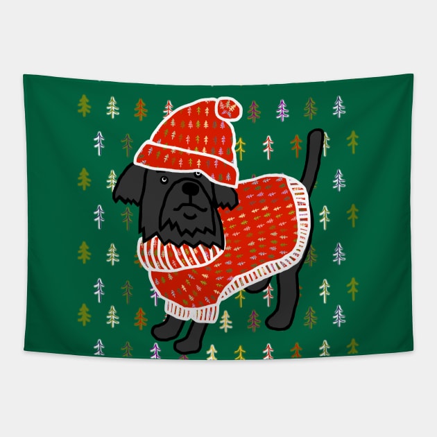 Cute Dog in Winter Christmas Tree Sweater and Red Hat Tapestry by ellenhenryart