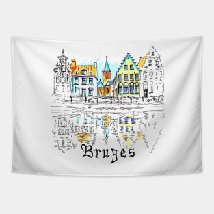 Scenic city view of Bruges canal with beautiful houses Tapestry