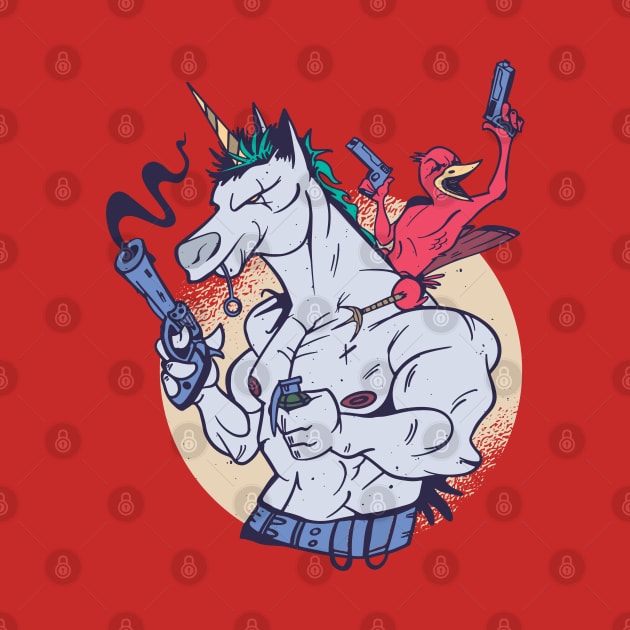 Muscular Unicorn and Bird by Safdesignx