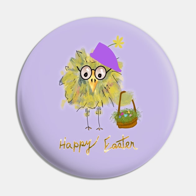 Funny Bird with Easter Basket and Hat - Happy Easter Pin by designs-by-ann