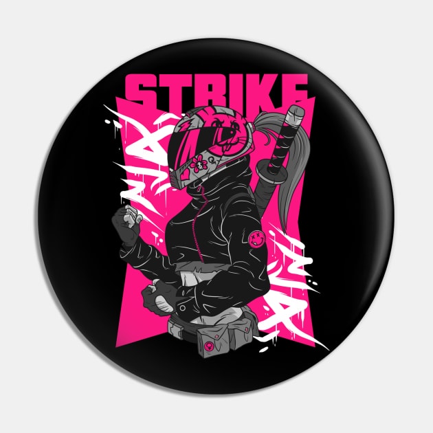 Strike Biker Girl Futuristic Samurai Katana Helmet Pin by NoMonkeyB