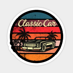 Retro car merch classic car retro  vintage aesthetic sunset circle with palms and mountains Magnet