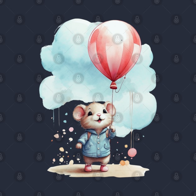 cute little mouse holding balloon in the cloudy sky by A&A