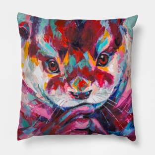 Otter portrait painting in multicolored tones. Pillow