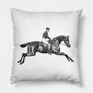 Race Horse with Jockey Black and White Illustration Pillow