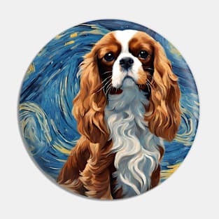 Cute Cavalier King Charles Spaniel Dog Breed Painting in a Van Gogh Starry Night Art Pin