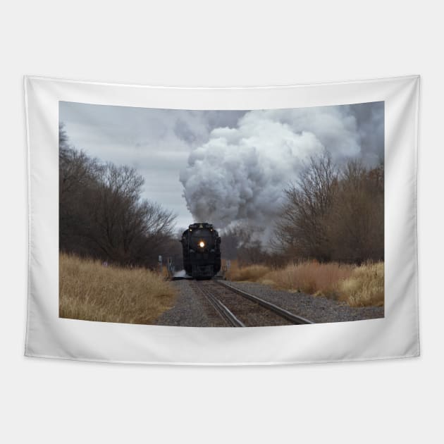 Big Boy 4014 with Steam,Smoke and Prairie grass and sky with tree's. Tapestry by ROBERTDBROZEK