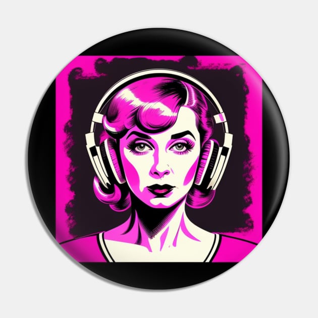 Hot Pink Headphones Vintage Dame Pin by musicgeniusart