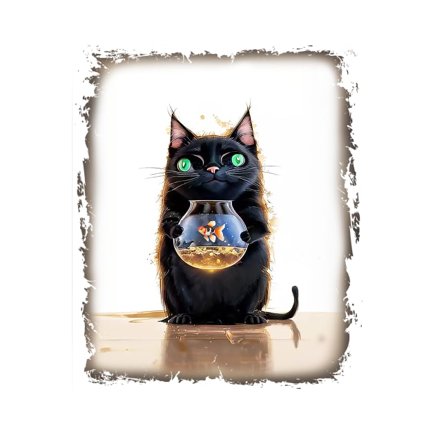 Black Cat Holding a Goldfish in a Fish Bowl by candiscamera