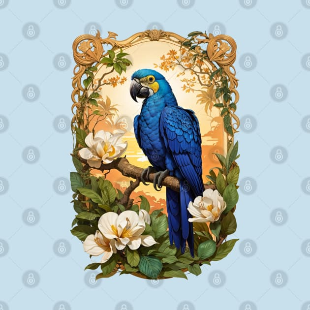 Blue Parrot Macaw with Magnolias retro vintage design by Neon City Bazaar