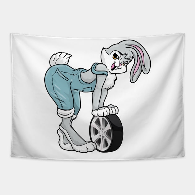 Rabbit as car mechanic with tires Tapestry by Markus Schnabel