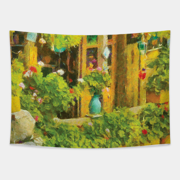 Oil Painting Of Geraniums On Window In Summerday Flowers