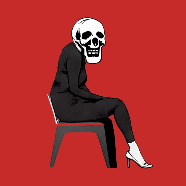 woman with skull face sitting alone abyss. skull dream platinum return. blood money by Tiger Picasso