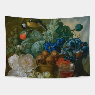 Still Life With Fruit And Flowers, Together With Oysters, Mussels, A Glass Of Wine, A Decanter And Other Objects On A Stone Ledge by Jan van Os Tapestry