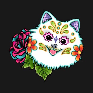 Pomeranian in White - Day of the Dead Sugar Skull Dog T-Shirt