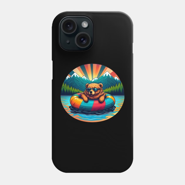 Grizzly Bear in Sunglasses Floating on a Lake with Mountains and Trees Phone Case by Pine Hill Goods