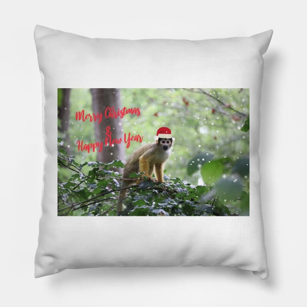 Black-capped squirrel monkey - Merry Christmas & Happy New Year Pillow by AnimaliaArt